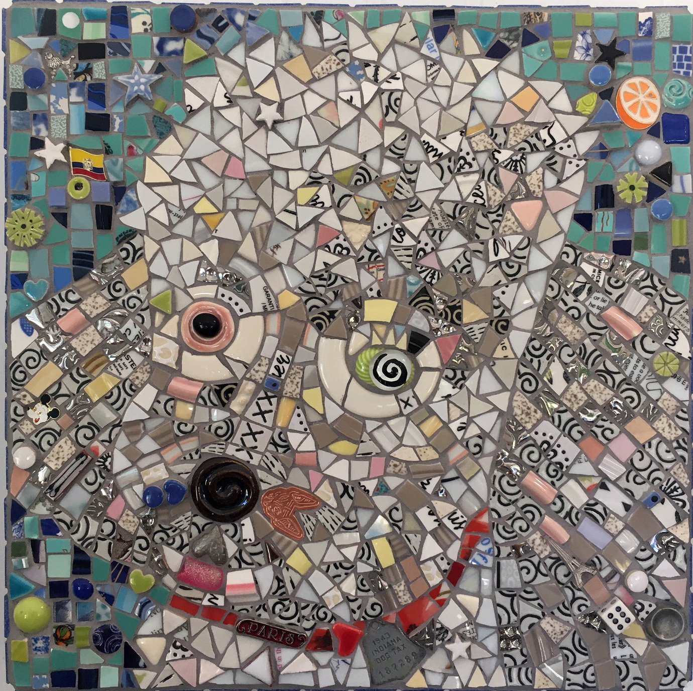mosaic portrait of Coco, a poodle